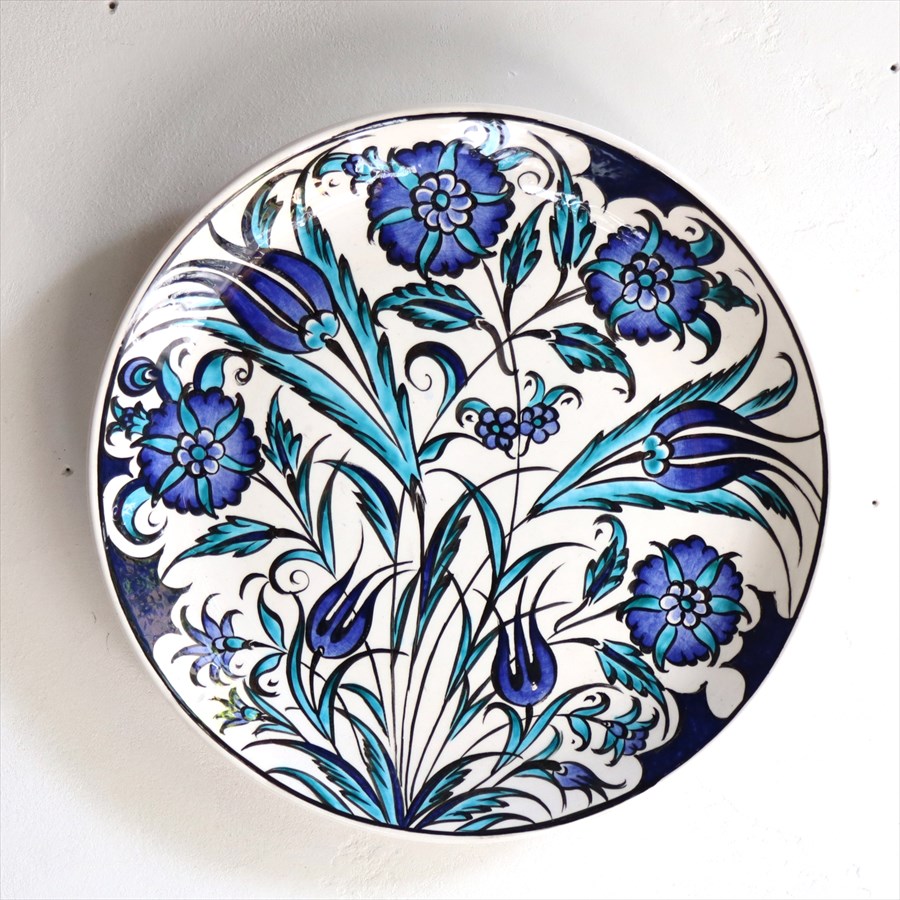 手書き絵皿 直径25.5cm トルコ 飾り絵皿 ミュージアムピース オットマンクラシックチューリップとカーネーション ブルーグリーン Turkish Hand Paint Plate