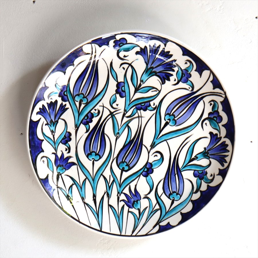 手書き絵皿 直径25.5cm トルコ 飾り絵皿 ミュージアムピース オットマンクラシックチューリップとカーネーション ブルーグリーン Turkish Hand Paint Plate