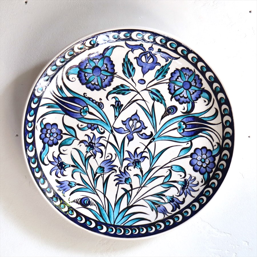 手書き絵皿 直径25.5cm トルコ 飾り絵皿 ミュージアムピース オットマンクラシックチューリップとカーネーション ブルーグリーン Turkish Hand Paint Plate