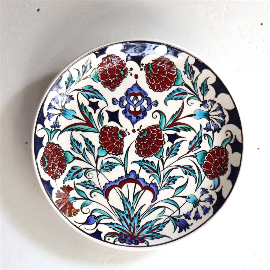 手書き絵皿 直径25.5cm トルコ 飾り絵皿 ミュージアムピース オットマンクラシックチューリップとカーネーション Turkish Hand Paint Plate