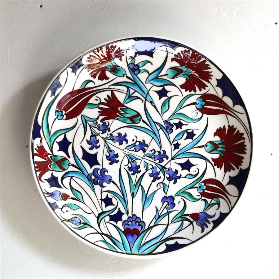 手書き絵皿 直径25cm トルコ 飾り絵皿 ミュージアムピース オットマンクラシックチューリップとカーネーション Turkish Hand Paint Plate