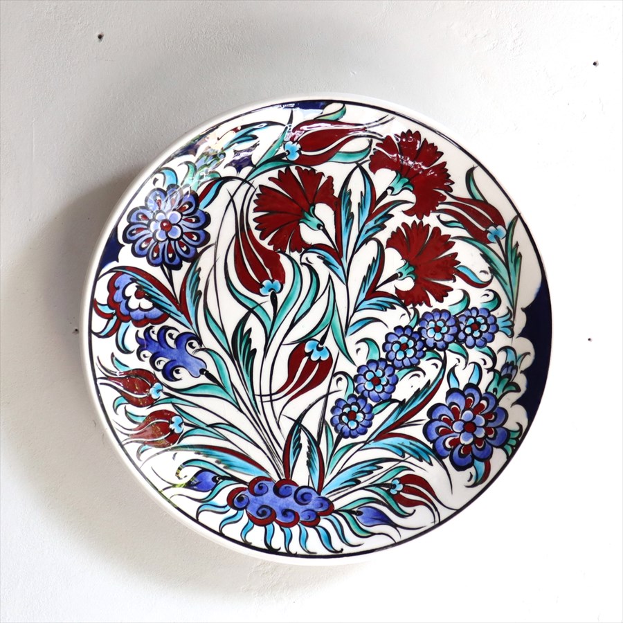手書き絵皿 直径25.5cm トルコ 飾り絵皿 ミュージアムピース オットマンクラシックチューリップとカーネーション Turkish Hand Paint Plate