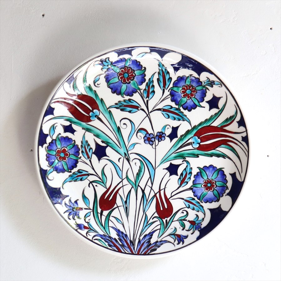 手書き絵皿 直径25.5cm トルコ 飾り絵皿 ミュージアムピース オットマンクラシックチューリップとカーネーション Turkish Hand Paint Plate