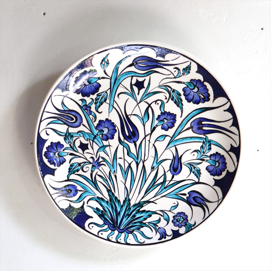 手書き絵皿 直径25.5cm トルコ 飾り絵皿 ミュージアムピース オットマンクラシックチューリップとカーネーション ブルーグリーン Turkish Hand Paint Plate