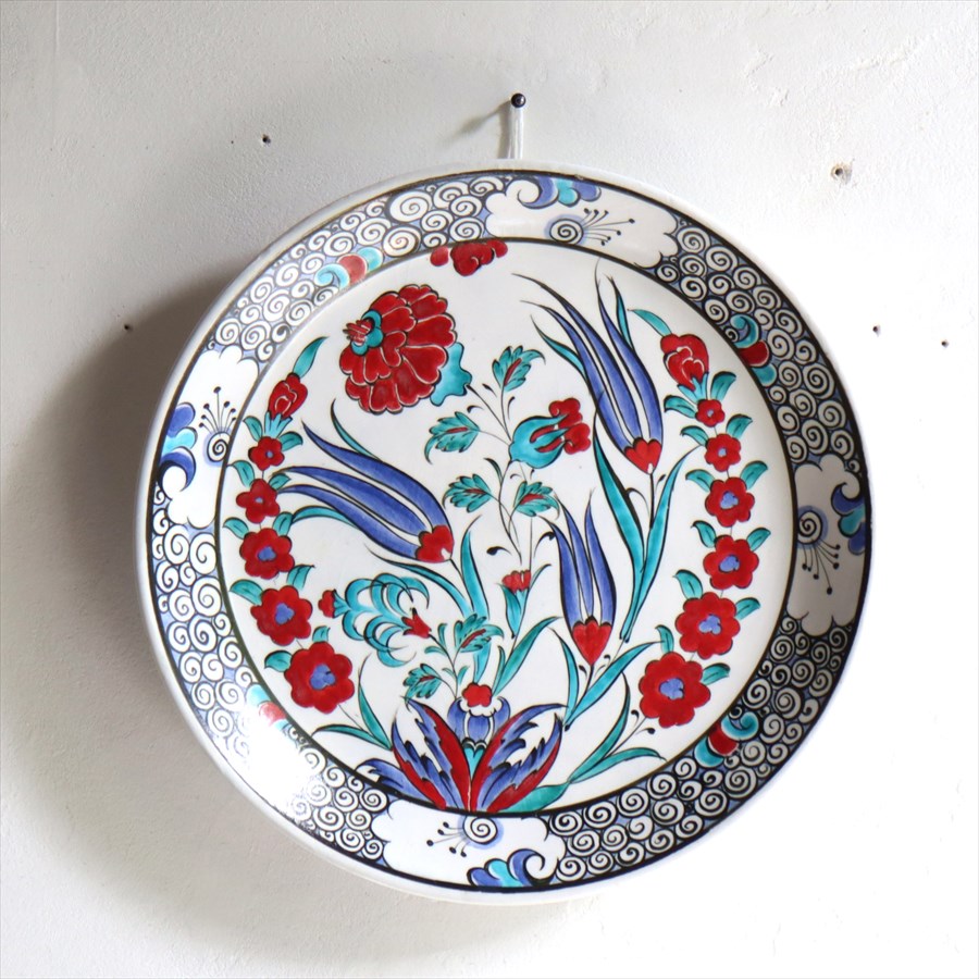 手書き絵皿 直径25.5cm トルコ 飾り絵皿 ミュージアムピース オットマンクラシックチューリップとカーネーション Turkish Hand Paint Plate