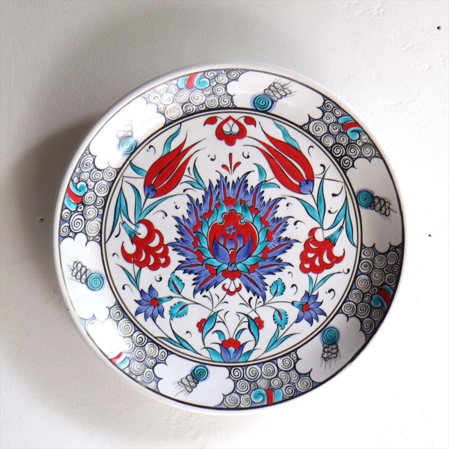 手書き絵皿 直径25.5cm トルコ 飾り絵皿 ミュージアムピース オットマンクラシックチューリップとカーネーション Turkish Hand Paint Plate