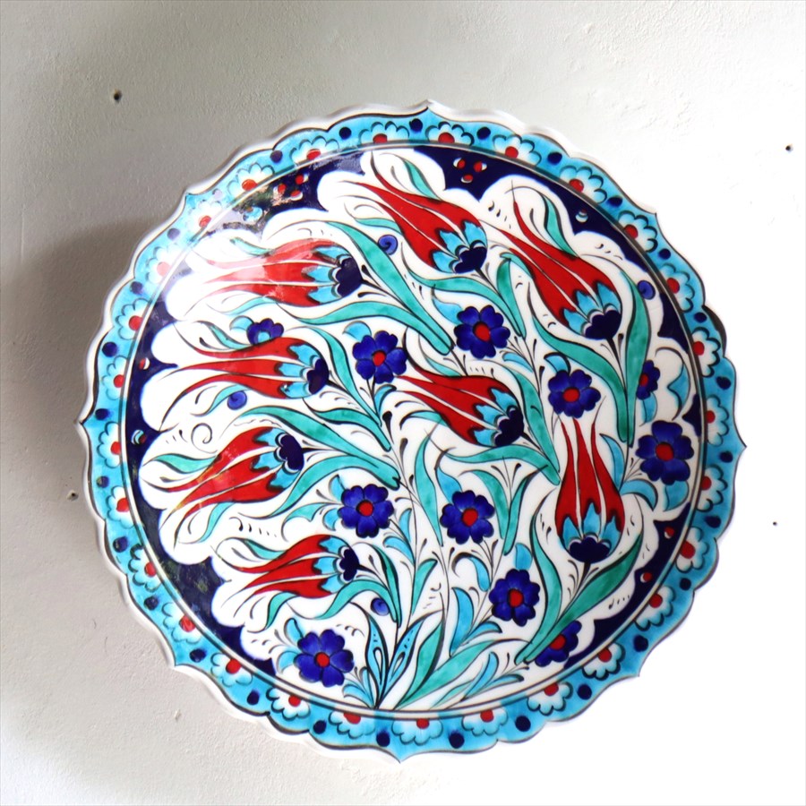 手書き絵皿 直径26cm トルコ 飾り絵皿 ミュージアムピース オットマンクラシックチューリップとカーネーション Turkish Hand Paint Plate