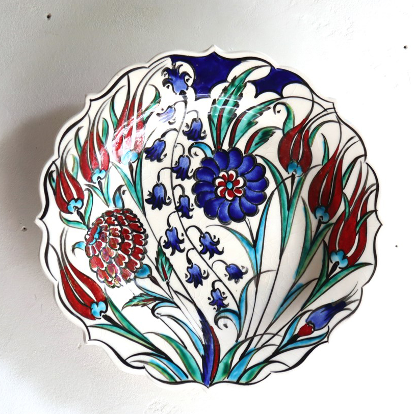 手書き絵皿 直径26cm トルコ 飾り絵皿 ミュージアムピース オットマンクラシックチューリップとすずらん Turkish Hand Paint Plate