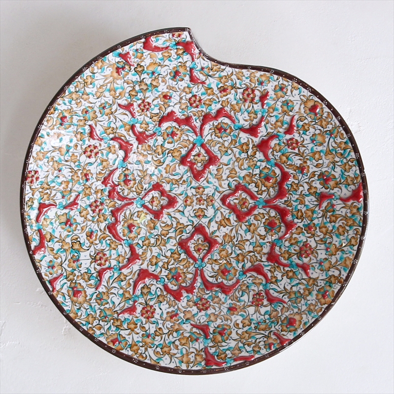 プレート30cm　変形丸皿　トルコ・キュターヤ陶器・手描き絵皿立体釉で描かれた小花のアラベスク