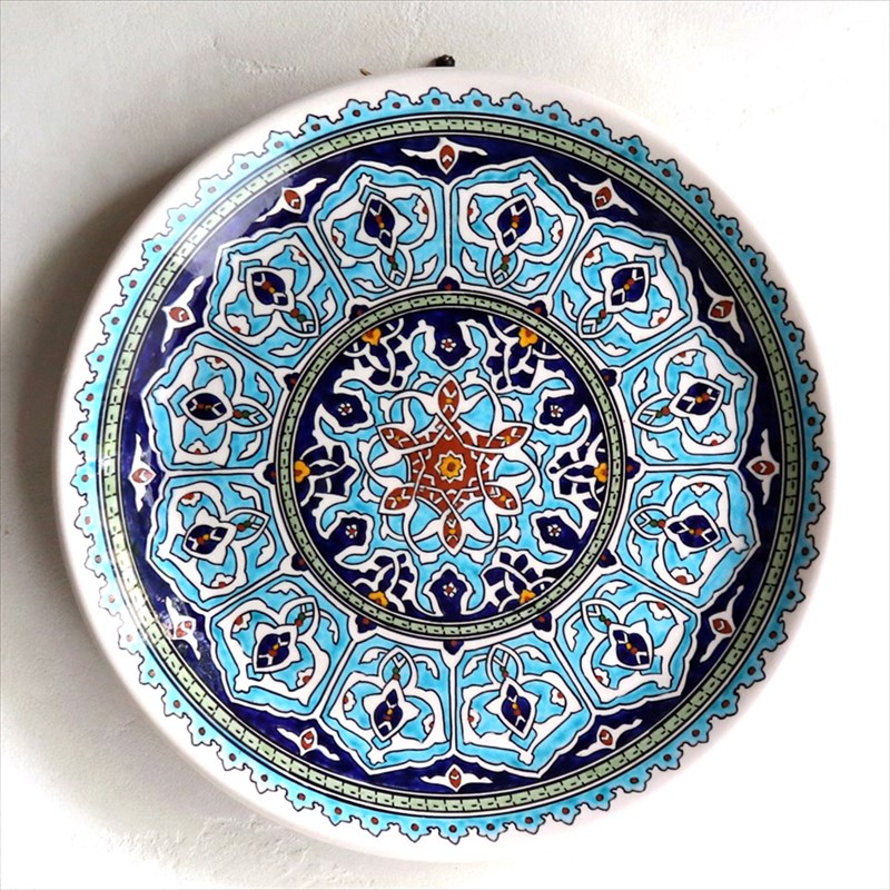 トルコ陶器飾り皿 直径30cmプレート キュタフヤ・アルハンブラ工房 ブルー・アラベスクデザイン
