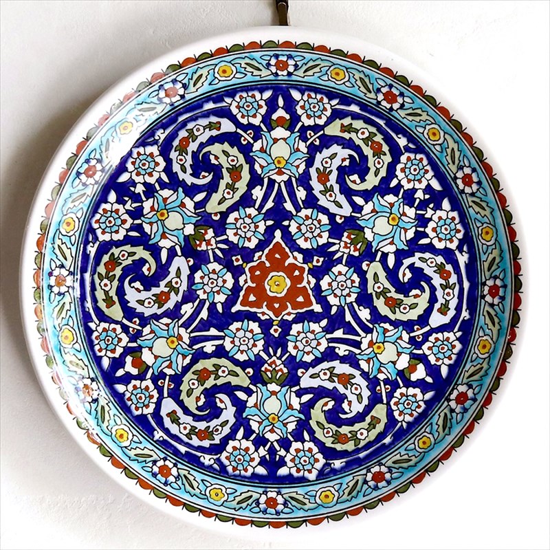 トルコ陶器飾り皿 直径30cmプレート キュタフヤ・アルハンブラ工房 フラワー・アラベスクデザイン
