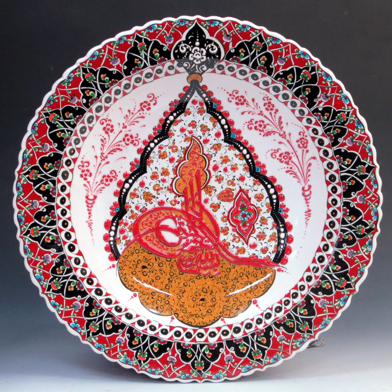 トルコ・キュタフヤ産手書き陶器の飾り皿40cmプレート・立体釉薬/トゥーラ