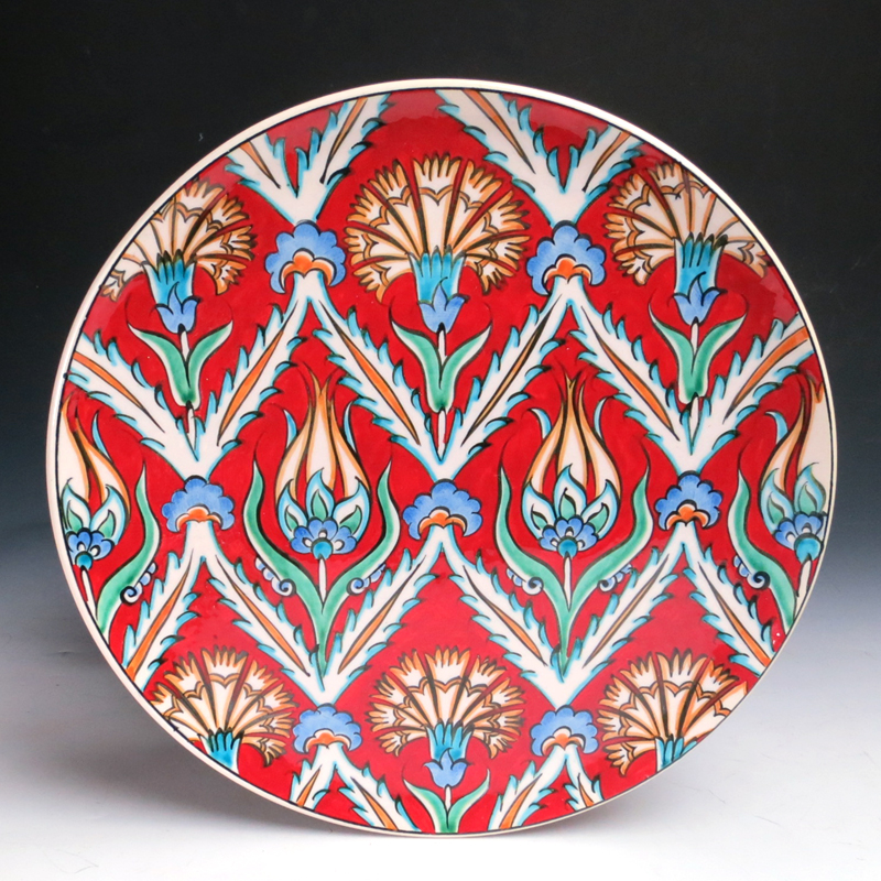 トルコ・キュタフヤ産手書き陶器の飾り皿30cmプレート/連なるチューリップ