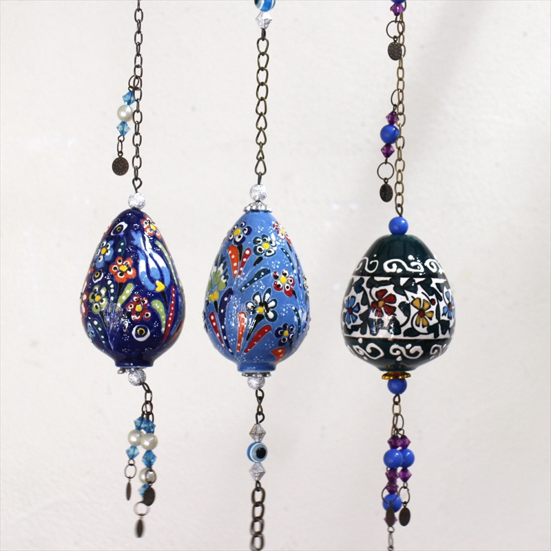 トルコ/キュタフヤ陶器・手描き絵付けの飾り玉　Sサイズ3個セット コバルト・グリーン・アクアブルー