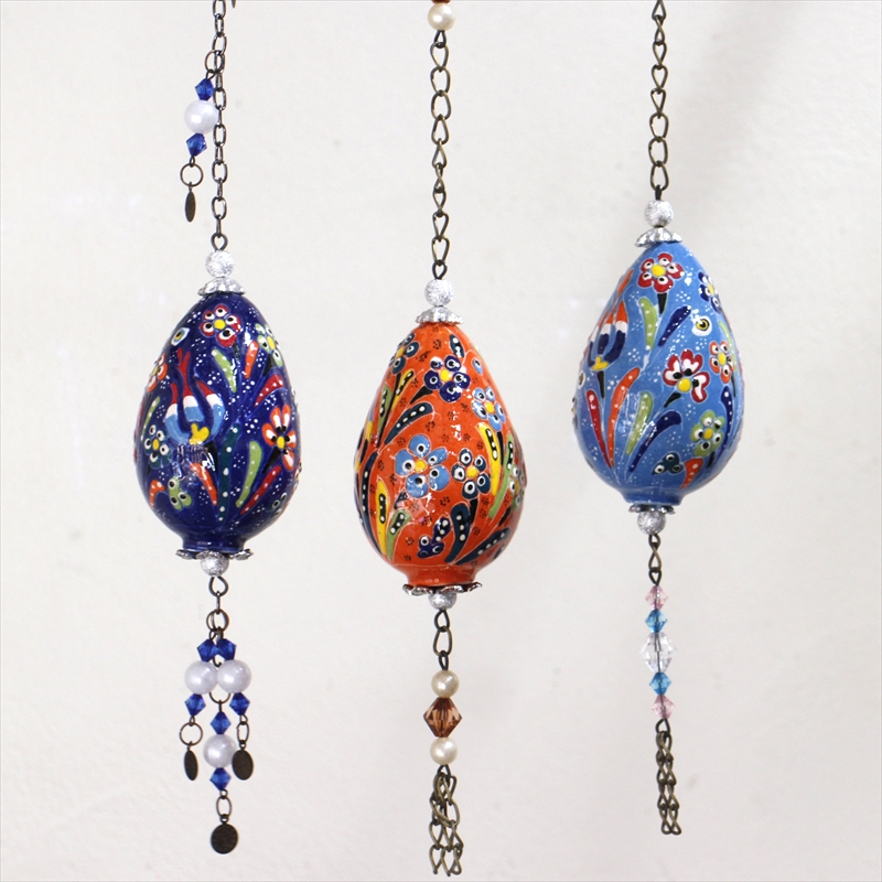 トルコ/キュタフヤ陶器・手描き絵付けの飾り玉　Sサイズ3個セット オレンジ・アクアブルー・コバルト