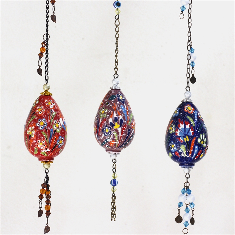 トルコ/キュタフヤ陶器・手描き絵付けの飾り玉　Sサイズ3個セット コバルト・レッド・パープル