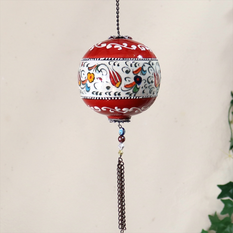 トルコ/キュタフヤ陶器・手描き絵付けの飾り玉Mサイズ10cmミレニアムレッドチューリップレッド