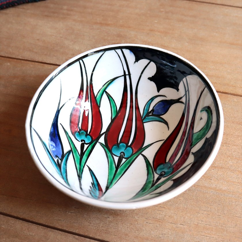 トルコ陶器 手書きボウル 直径12.5cm チューリップ Turkish Hand Paint bowel