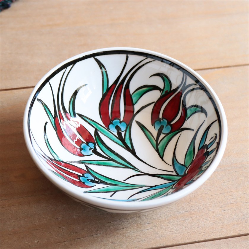 トルコ陶器 手書きボウル 直径12.5cm チューリップ Turkish Hand Paint bowel