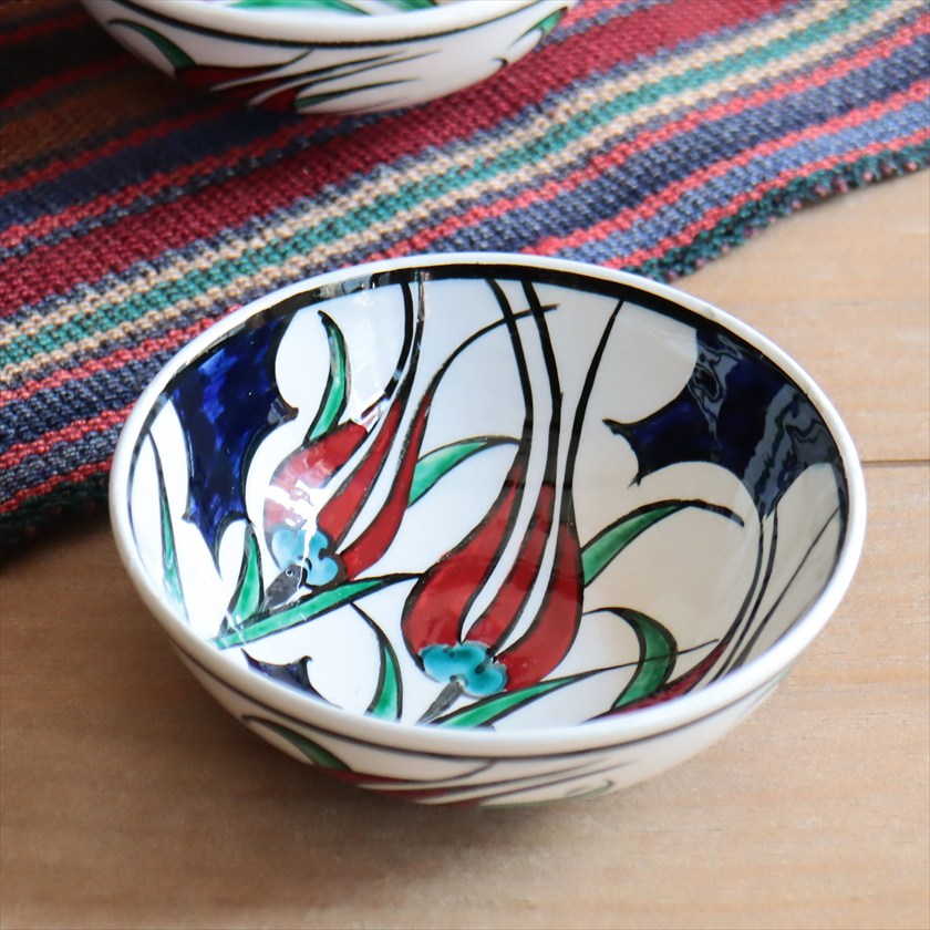 トルコ陶器 手書きボウル 直径12.5cm チューリップ Turkish Hand Paint bowel