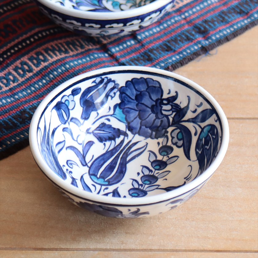 トルコ陶器 手書きボウル 直径12cm ブルーチューリップ・カーネーション Turkish Hand Paint bowel