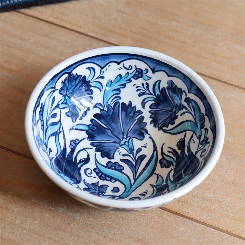 トルコ陶器 手書きボウル 直径12cm ブルーチューリップ カーネーション Turkish Hand Paint bowel