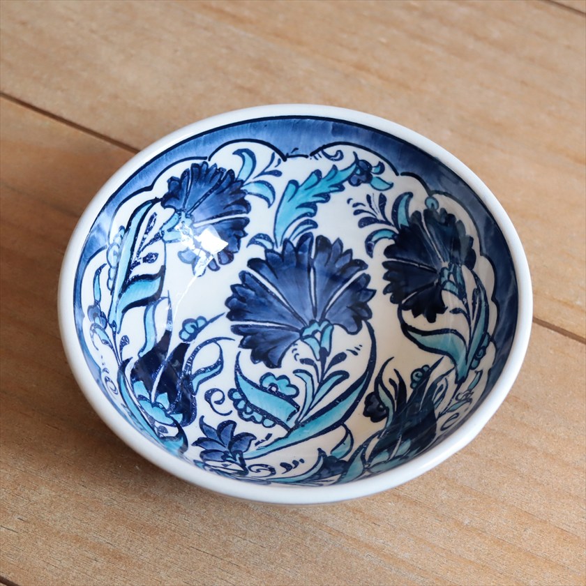 トルコ陶器 手書きボウル 直径12cm ブルーチューリップ カーネーション Turkish Hand Paint bowel