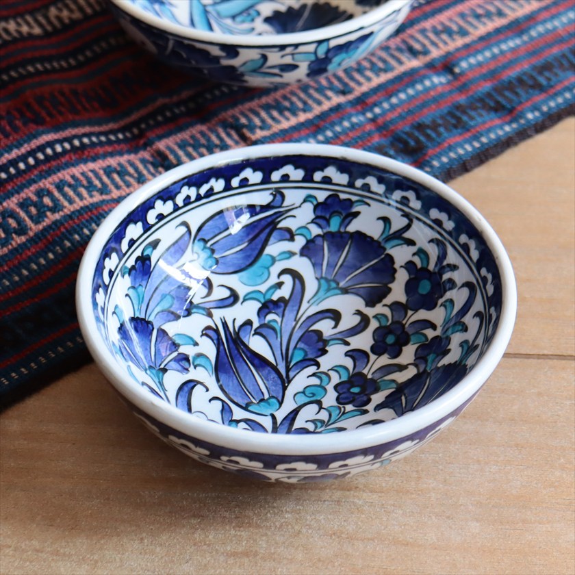 トルコ陶器 手書きボウル 直径12cm ブルーチューリップ カーネーション Turkish Hand Paint bowel