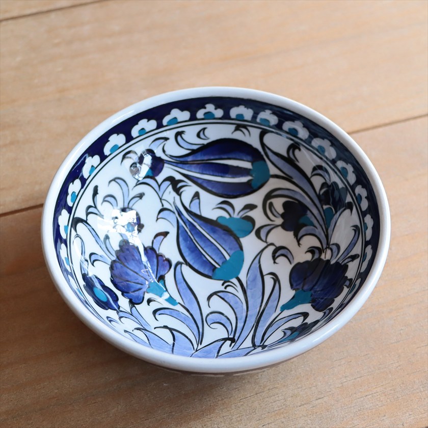 トルコ陶器 手書きボウル 直径12cm ブルーチューリップ カーネーション Turkish Hand Paint bowel