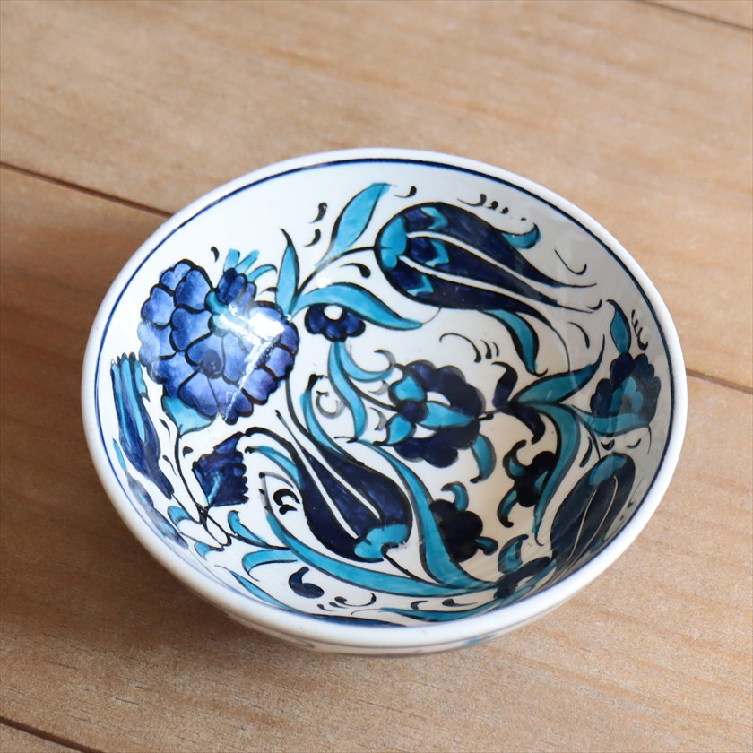 トルコ陶器 手書きボウル 直径12.5cm ブルーチューリップ カーネーション Turkish Hand Paint bowel