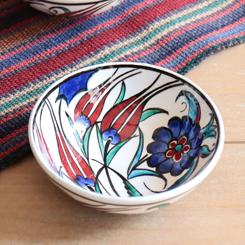 トルコ陶器 手書きボウル 直径12.5cm チューリップ Turkish Hand Paint bowel