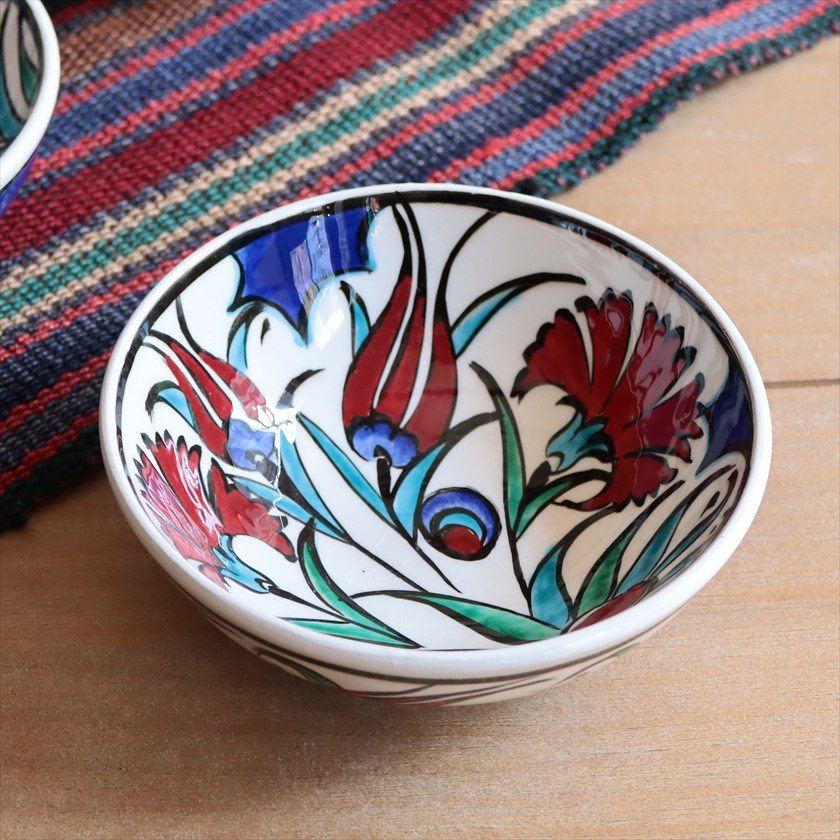 トルコ陶器 手書きボウル 直径12.5cm チューリップ Turkish Hand Paint bowel