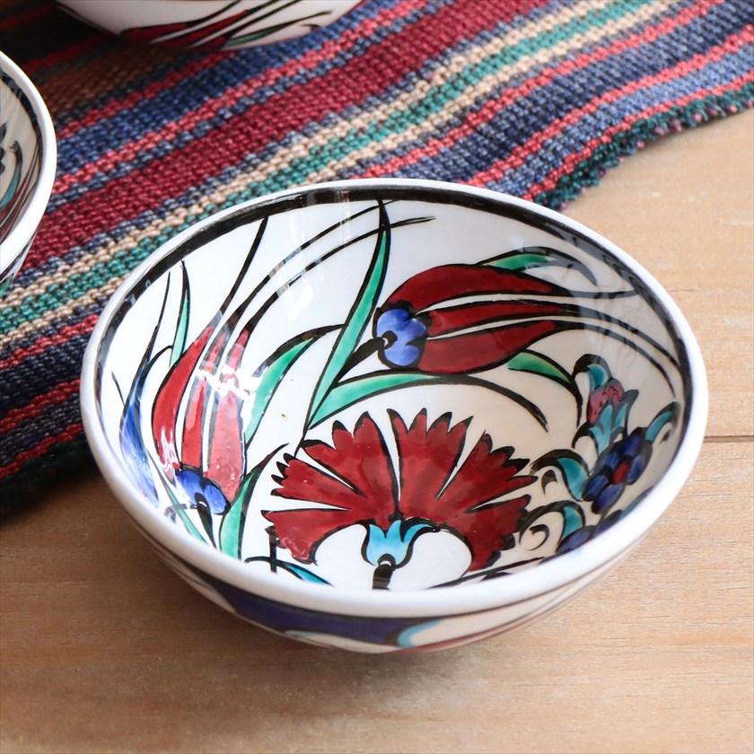 トルコ陶器 手書きボウル 直径12.5cm チューリップ Turkish Hand Paint bowel