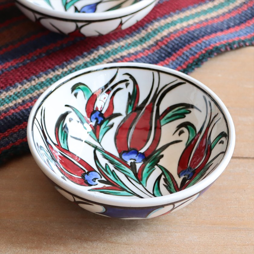 トルコ陶器 手書きボウル 直径12.5cm チューリップ Turkish Hand Paint bowel