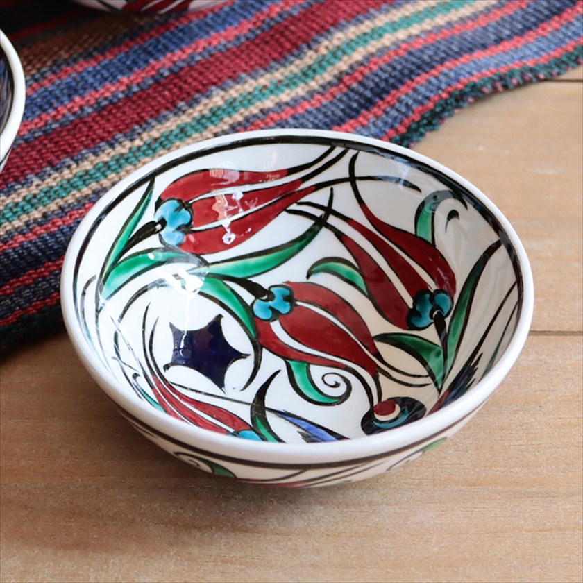 トルコ陶器 手書きボウル 直径12.5cm チューリップ Turkish Hand Paint bowel