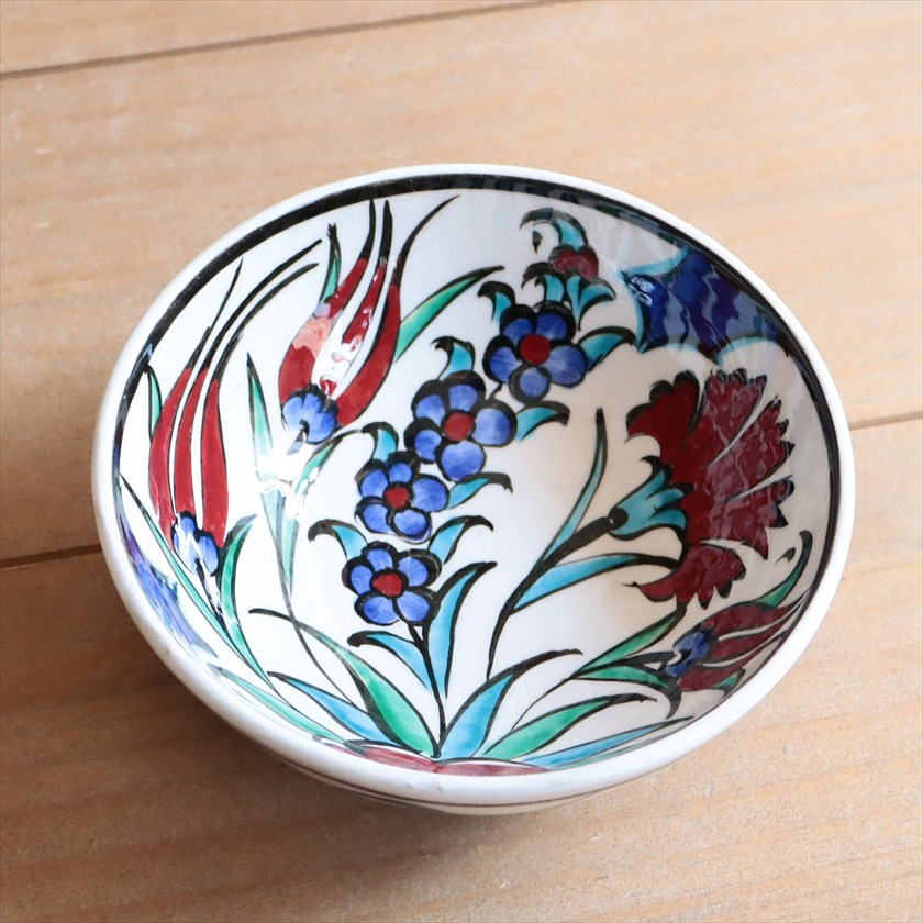 トルコ陶器 手書きボウル 直径12.5cm チューリップ カーネーション Turkish Hand Paint bowel