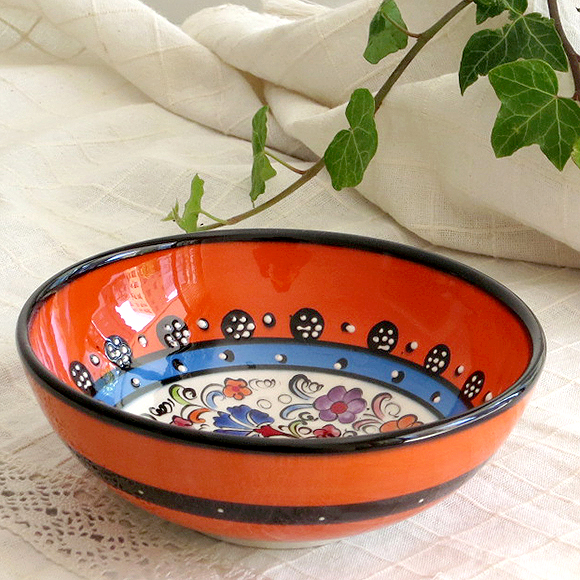 トルコ製ボウル(手書きキュタフヤ陶器)：オレンジ16cm