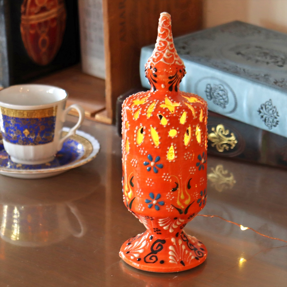 陶器のキャンドルホルダー H22.5cm オレンジ トルコ製 キュタフヤ陶器