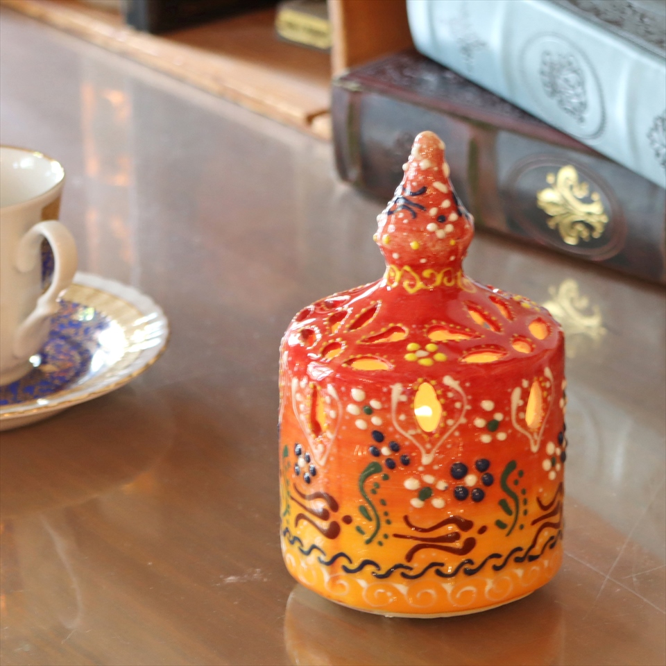 陶器のキャンドルホルダー H15cm オレンジ トルコ製 キュタフヤ陶器
