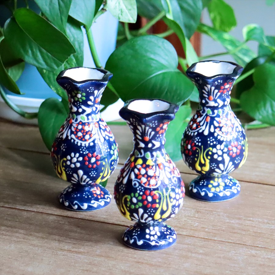 トルコ陶器 花瓶 チューリップ型 SSサイズ 高さ10×直径5.5cm フラワーベース フラワーデザイン ネイビー