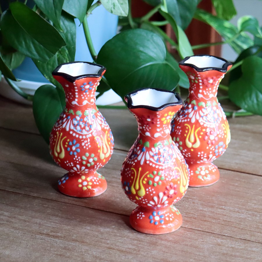 トルコ陶器 花瓶 チューリップ型 SSサイズ 高さ10×直径5.5cm フラワーベース フラワーデザイン オレンジ
