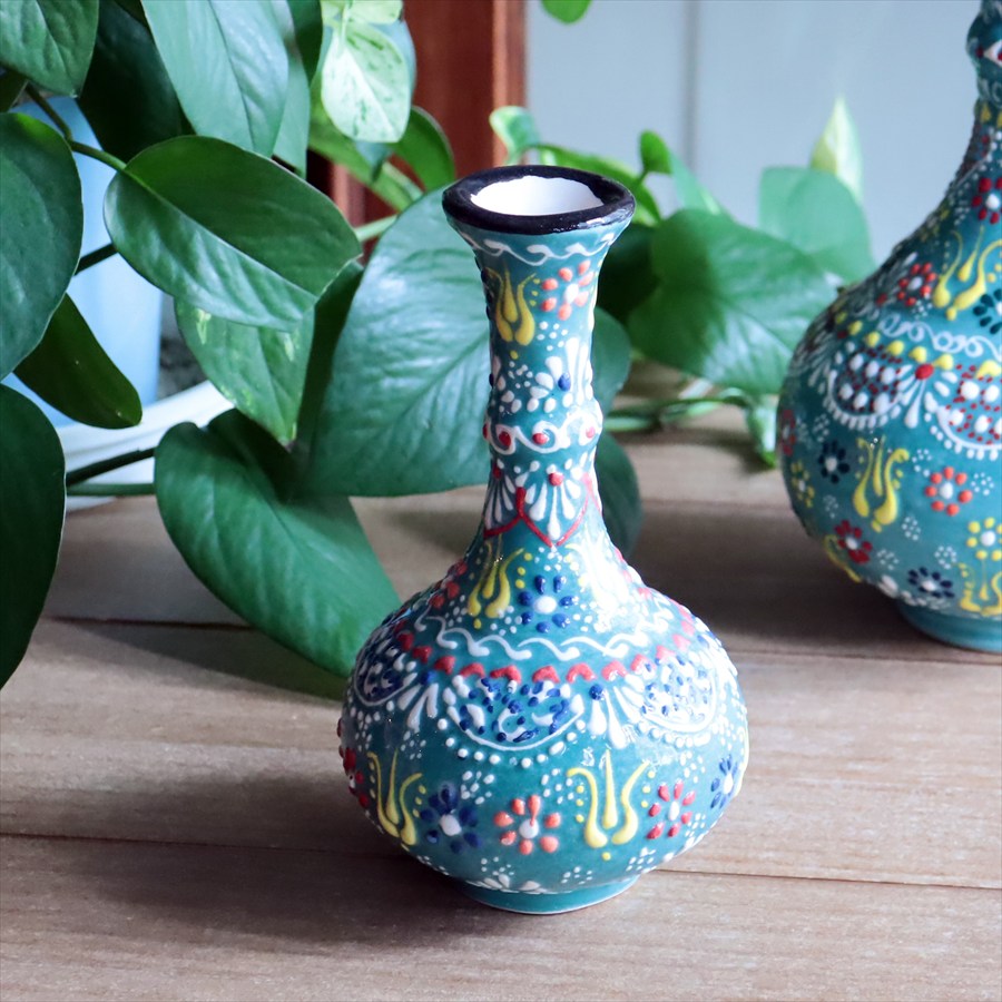 トルコ陶器 花瓶 高さ15×直径8.5cm Sサイズ 一輪挿し フラワーベース フラワーデザイン エメラルドグリーン