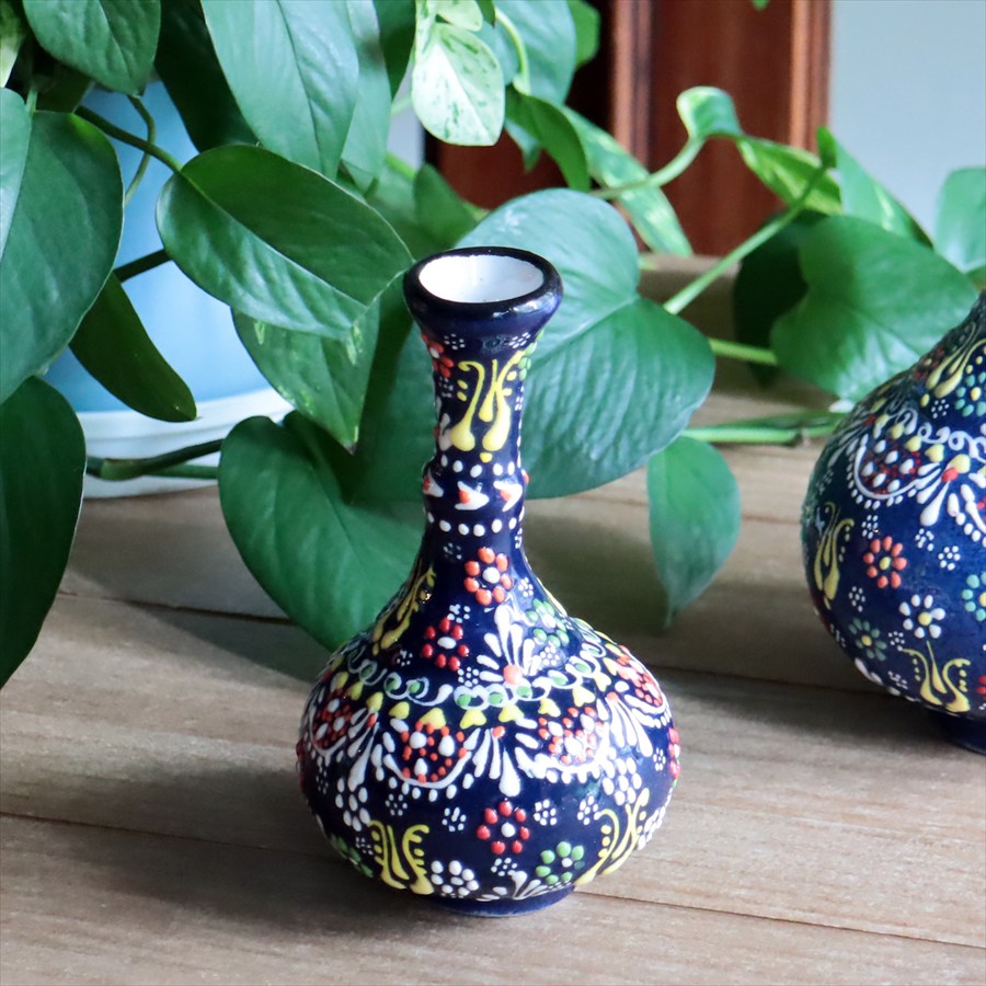 トルコ陶器 花瓶 高さ15×直径8.5cm Sサイズ 一輪挿し フラワーベース フラワーデザイン ネイビー