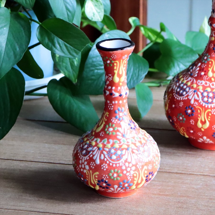 トルコ陶器 花瓶 高さ15×直径8.5cm Sサイズ 一輪挿し フラワーベース フラワーデザイン オレンジ