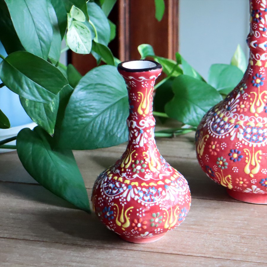 トルコ陶器 花瓶 高さ15×直径8.5cm Sサイズ 一輪挿し フラワーベース フラワーデザイン レッド