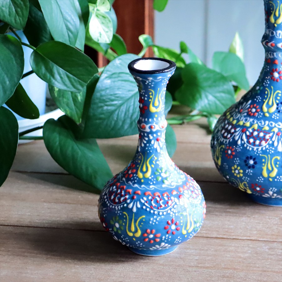 トルコ陶器 花瓶 高さ15×直径8.5cm Sサイズ 一輪挿し フラワーベース フラワーデザイン ターコイズブルー