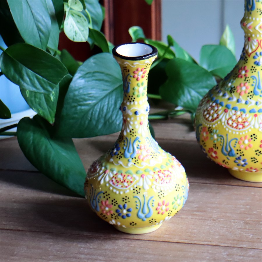 トルコ陶器 花瓶 高さ15×直径8.5cm Sサイズ 一輪挿し フラワーベース フラワーデザイン イエロー