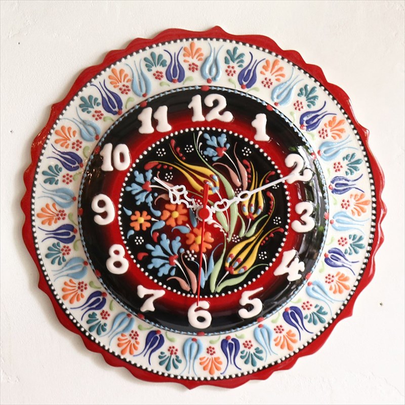 トルコの手描き絵皿 壁掛け時計 直径30cm カラフルなチューリップ・カーネーション/レッド