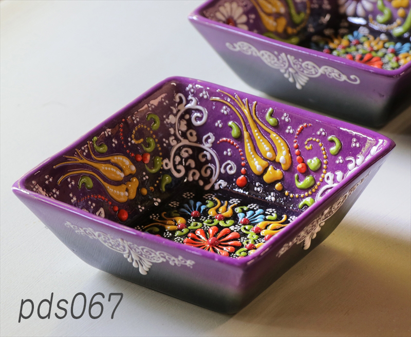 Nimet Design　トルコ陶器スクエア角鉢・パープル パステルグラデーション・立体釉キュタフヤ陶器