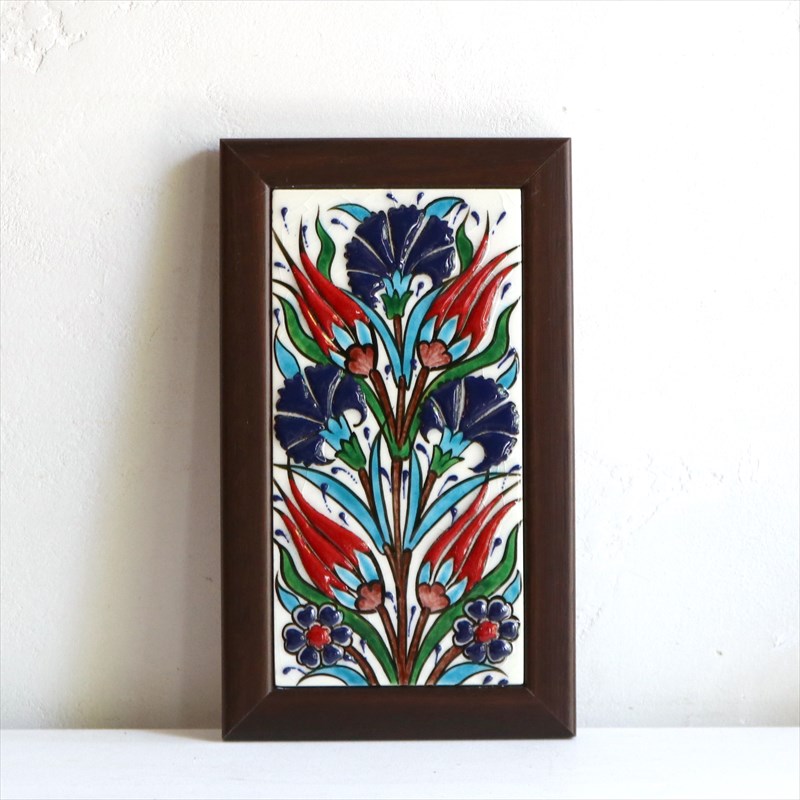 トルコ手書き陶器 ミニタイル1枚額 H24×W14×D1.5cm チューリップ＆カーネーション Turkish Hand Paint Tile